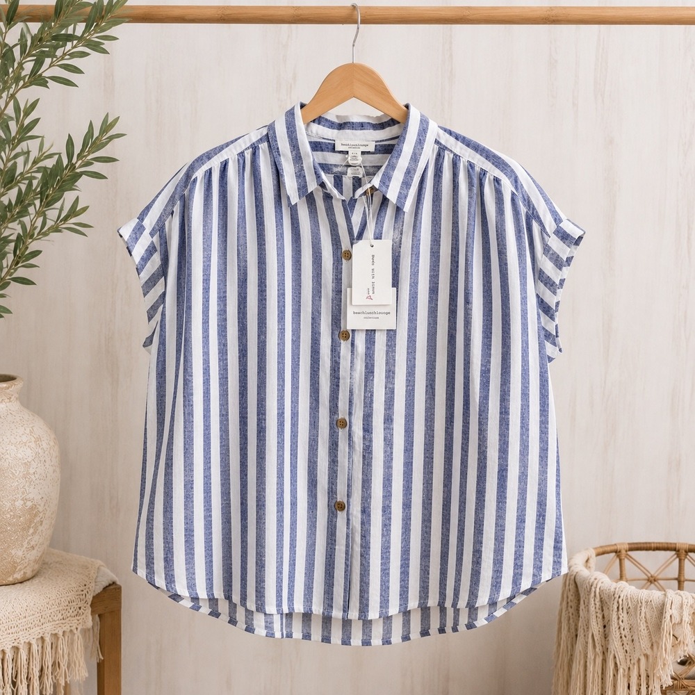 Beachlunchlounge Womens Delta SE Striped Linen Blend Shirt XL Blue White NWT